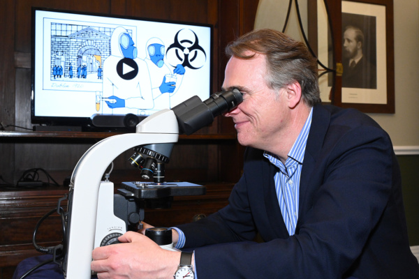 Professor Steve Gordon demonstrating microbiology techniques during a demo of new Typhoidland exhibition 'Contours of a Taboo', 13th June.